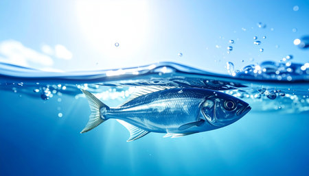 A lone fish glides effortlessly through the crystal-clear blue water, just beneath the shimmering surface. Bright sunlight pierces through, illuminating the scene with a sense of purity, freedom, and the vibrant energy of marine life in its natural habitat.の素材