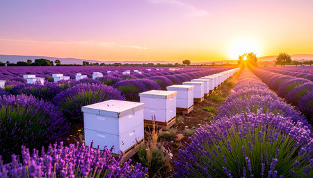 As the sun sets in a blaze of gold and purple, its last rays illuminate rows of beehives nestled within a fragrant lavender field. This tranquil scene captures the harmonious relationship between pollinators and plants, symbolizing sustainable agriculture and the serene beauty of a rural evening.の素材