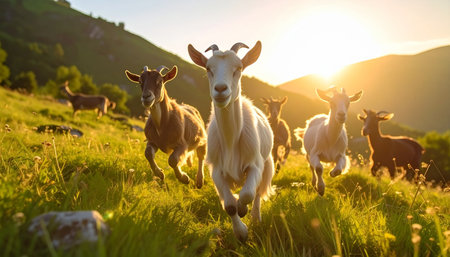 A dynamic herd of goats charges playfully through a lush mountain pasture, bathed in the warm, golden light of a spectacular sunset. The lead goat runs directly towards the camera, capturing a moment of pure, untamed energy and freedom in the wild.の素材
