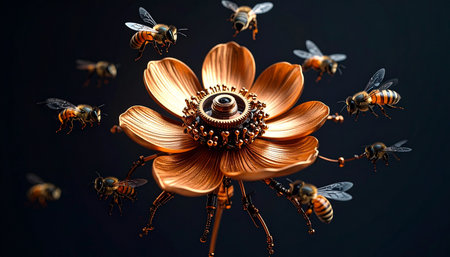 In a glimpse into a speculative future, a swarm of honeybees is irresistibly drawn to the warm, metallic glow of a robotic flower. This intricate steampunk creation, with its copper petals and clockwork core, represents a new symbiosis between nature and machine, symbolizing concepts of innovation, artificial ecosystems, and the engineered future of pollination.の素材
