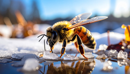 In a stunning macro view, a determined honey bee quenches its thirst from glistening, melting ice crystals. This powerful image captures a moment of survival and resilience, symbolizing the transition from winter to spring and the delicate balance of nature.の素材