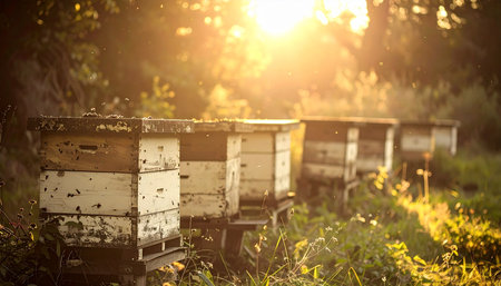 As the sun sets during a warm golden hour, a row of wooden beehives stands peacefully in a lush summer meadow. This tranquil apiary scene captures the essence of sustainable agriculture, honey production, and the vital role of bees in the natural ecosystem.の素材