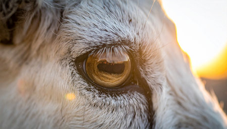 A stunning macro photograph captures the intricate detail of a goats eye, illuminated by the warm, golden light of a setting sun. The horizontal pupil reflects the serene landscape, offering a glimpse into the gentle soul of this farm animal. This image evokes feelings of peace, natures beauty, and quiet contemplation.の素材