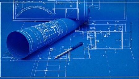 The vision for a new structure takes shape on the drafting table. Rolled blueprints hold the detailed plans, representing the first step from concept to creation in an ambitious architectural or engineering project.の素材