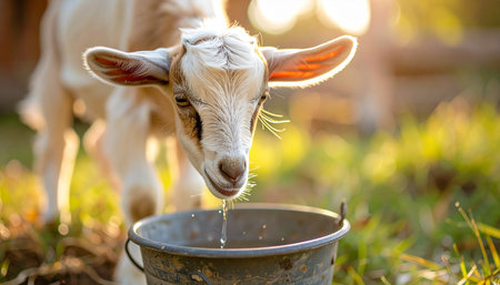 In the soft glow of a summer evening, an adorable kid goat takes a refreshing drink from a rustic metal pail. This charming image captures the innocence and tranquility of rural life and the simple joys found in nature.の素材