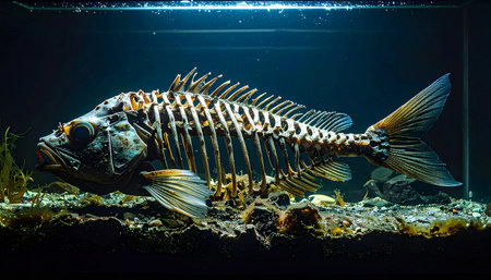 In the deep, quiet darkness of an illuminated tank, a surreal skeletal fish glides silently. Its exposed bones catch the light, creating an eerie yet fascinating spectacle that blurs the line between life, death, and natural history. A captivating display of aquatic anatomy and deep-sea mystery.の素材
