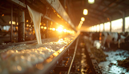 As the golden sun rises, casting a warm glow through the milking parlor, fresh milk flows through an automated system. This scene captures the intersection of modern agricultural technology and the timeless process of dairy farming, highlighting efficiency and the start of the food supply chain.の素材