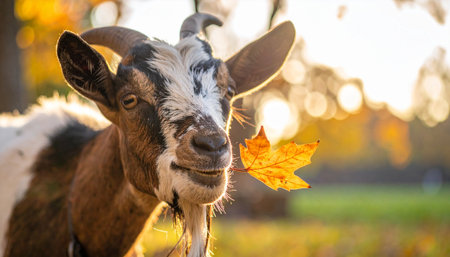 A charming goat enjoys the last rays of golden hour sunlight on a crisp autumn day. A single yellow leaf floats whimsically in the air, creating a magical and heartwarming moment of rural life and seasonal beauty.の素材