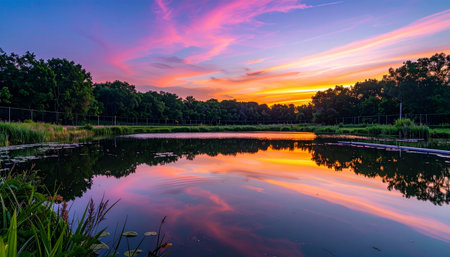 A breathtaking sunset paints the sky with strokes of pink, purple, and orange, perfectly mirrored in the still, glassy surface of a secluded lake. The tranquil scene, framed by the dark silhouettes of a forest, evokes a sense of profound peace and natural beauty.の素材