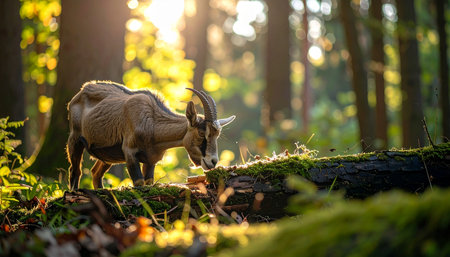 In the heart of a tranquil forest, a wild bighorn sheep pauses on a moss-covered log, bathed in the warm, ethereal glow of the morning sun. This serene moment captures the quiet beauty and peaceful solitude of wildlife in its natural, unspoiled habitat.の素材