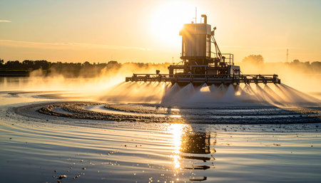 As the sun rises, casting a golden glow across the misty water, a powerful aeration machine works tirelessly. It churns the surface, a vital step in the purification process, symbolizing technological solutions for a cleaner, more sustainable future.の素材