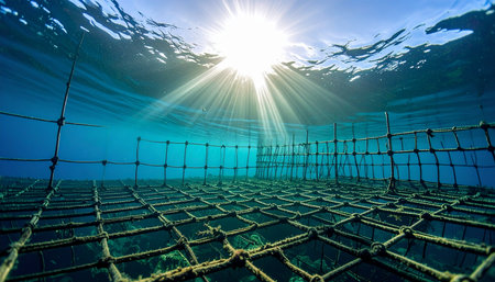 Sunlight streams through the clear blue water, illuminating a man-made grid on the ocean floor. This structure represents a beacon of hope, a dedicated effort in marine conservation and coral reef restoration, symbolizing a sustainable future for our planets precious underwater ecosystems.の素材