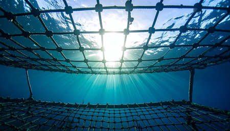 An underwater perspective looking up towards the bright sun, its rays filtering through the waters surface. A grid-like net creates a sense of both confinement and safety, suggesting themes of overcoming barriers, seeking freedom, or the hope of a breakthrough.の素材
