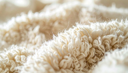 A close-up macro view reveals the intricate, curly fibers of a plush cream-colored wool fabric. The soft, warm texture creates a cozy and inviting atmosphere, perfect for concepts of comfort, luxury, and natural textiles.の素材