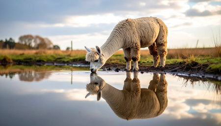 In the quiet light of dawn or dusk, a gentle alpaca quenches its thirst from a glassy pond. Its mirror image is captured perfectly on the waters surface, a moment of perfect symmetry and tranquility in the rural countryside.の素材