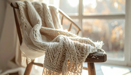 A soft, hand-knitted blanket is draped over a classic wooden chair, bathed in the warm, gentle light of the morning sun streaming through a nearby window. This quiet, peaceful scene evokes a sense of comfort, tranquility, and the simple joys of a slow, relaxing day at home.の素材