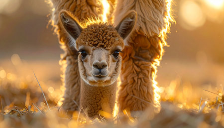 A newborn alpaca cria stands safely between its mothers legs, bathed in the warm, golden glow of a setting sun. Its curious gaze connects with the viewer, evoking feelings of innocence, new life, and gentle protection in a serene natural setting.の素材