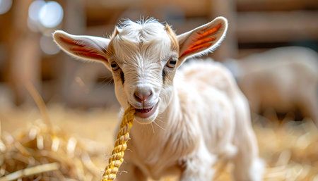 In the warm, golden light of a rustic barn, a tiny white baby goat explores its world with gentle curiosity. With soft hay underfoot, this adorable kid playfully chews on a piece of straw, its bright eyes looking directly into the camera, capturing a moment of pure innocence and the simple joys of new life on the farm.の素材