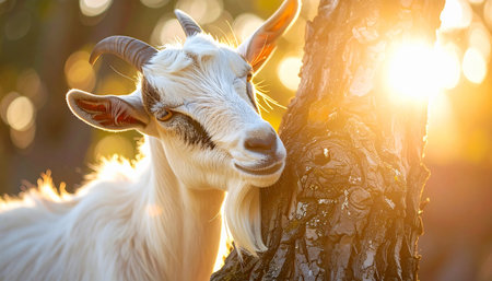 A white goat with its eyes closed in blissful contentment nuzzles against the rough bark of a tree. The scene is bathed in the warm, golden glow of a setting sun, creating a beautiful lens flare and a serene atmosphere of peace and harmony with nature.の素材