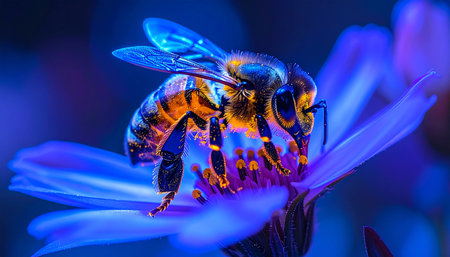 Under the glow of ultraviolet light, a hidden world is revealed. A honeybee, illuminated with otherworldly patterns, gathers nectar from a flower that fluoresces with an ethereal blue light, showcasing the secret, vibrant language of nature invisible to the naked eye.の素材