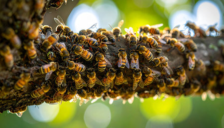 A massive colony of honey bees clusters together on a sun-dappled branch, a living, breathing entity poised for a new beginning. This natural phenomenon showcases incredible teamwork and the vital process of swarming as they prepare to establish a new home.の素材
