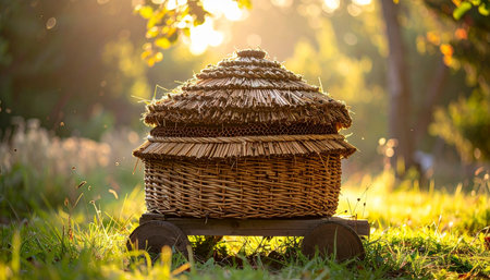 A traditional woven skep beehive rests peacefully on a wooden stand, bathed in the warm, golden light of a late afternoon sun. The tranquil scene in a lush green meadow evokes a sense of nostalgia, natural harmony, and the timeless craft of sustainable beekeeping.の素材