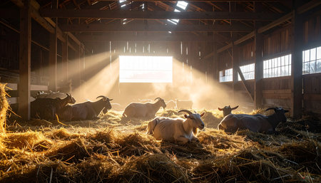 A herd of goats rests peacefully on a bed of hay inside a rustic wooden barn. Golden morning sunlight streams through a high window, casting dramatic beams of light through the dusty air and creating a serene, tranquil, and atmospheric scene that captures the quiet beauty of farm life.の素材