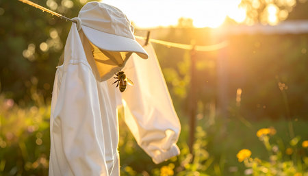 After a long day of tending to the hives, a beekeepers protective suit hangs on the line to dry in the warm, golden light of sunset. A single honeybee, a tiny partner in the days work, takes a moment of rest on the veil, symbolizing a peaceful coexistence between human and nature.の素材