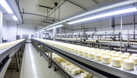 Inside a state-of-the-art food processing facility, an automated conveyor belt efficiently moves freshly made dairy products along the production line. This image captures the precision and scale of modern manufacturing, highlighting themes of hygiene, technology, and the journey from production to consumer.の素材