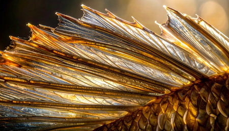 A stunning macro photograph capturing the intricate, fan-like structure of a fishs dorsal fin. The warm light illuminates the delicate rays, revealing a metallic sheen of gold, bronze, and silver, creating a luxurious and abstract natural pattern against a dark background.の素材