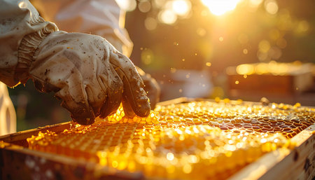 In the warm, golden light of a setting sun, a dedicated beekeeper gently inspects a honeycomb frame, glistening with fresh, raw honey. This moment captures the delicate balance of nature, hard work, and the sweet reward of sustainable agriculture.の素材