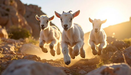 Three energetic baby goats joyfully gallop down a rocky mountainside, their spirits high as the golden sun sets behind them. This dynamic, low-angle shot captures a moment of pure, untamed freedom and youthful adventure in the wild.の素材