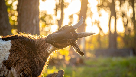A majestic longhorn cow stands in a tranquil pasture, its silhouette framed by the warm, golden glow of the setting sun. With its mouth open in a call, the scene captures a serene and powerful moment of rural life and the beauty of nature at dusk.の素材