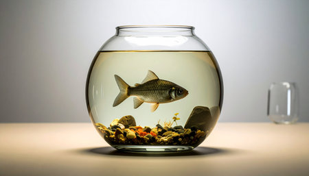 A single fish swims in the quiet confines of its glass bowl, a simple and solitary world. This image captures a moment of stillness and contemplation, symbolizing concepts like isolation, a limited perspective, or the quiet beauty of a contained life.の素材