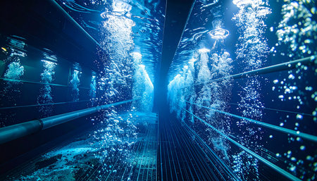 A high-speed journey through a digital corridor, where streams of glowing blue data represent the constant flow of information in the metaverse. This image visualizes concepts of big data, artificial intelligence, and the future of global network communication.の素材