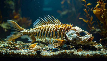 The complete skeleton of a fish rests on the dark, gravelly seabed, its intricate bones illuminated. This evocative image captures the natural cycle of life and death in the underwater world, symbolizing concepts of mortality, history, and environmental aftermath.の素材