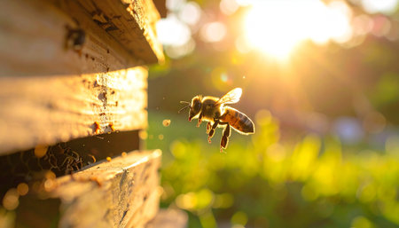 A single honey bee is captured in mid-flight, illuminated by the warm, golden glow of a setting sun. It diligently returns to its wooden hive, symbolizing the end of a productive day and the interconnectedness of natures delicate ecosystem.の素材