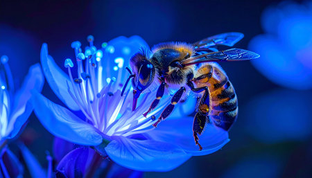 In a hidden world revealed only by a mystical glow, a honeybee diligently works on a flower that radiates an otherworldly blue light. This macro shot captures a surreal moment in nature, blending the familiar with the fantastical, evoking themes of discovery, hidden beauty, and the magic of the unseen.の素材