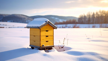 A solitary yellow beehive stands resiliently in a vast, snow-covered field during a quiet winter sunrise. The warm golden light hints at the life dormant within, patiently waiting for the arrival of spring, symbolizing hope and endurance.の素材