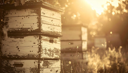 Weathered wooden beehives stand sentinel in a sun-drenched apiary. The warm, golden light of a late afternoon filters through the trees, illuminating the quiet, industrious world of honeybees and evoking a sense of peaceful, sustainable agriculture.の素材