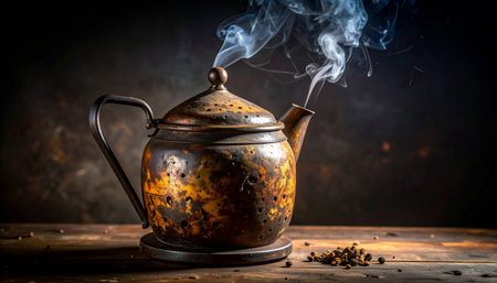 In the quiet of a dimly lit room, an old copper teapot releases fragrant steam, a promise of a warm, comforting beverage. This still life captures a moment of tranquil tradition, perfect for evoking feelings of nostalgia, warmth, and the simple pleasure of a hot drink.の素材