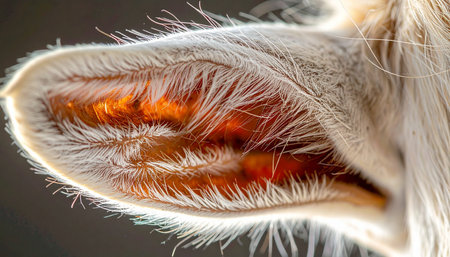 A macro photograph captures the intricate details of a goats ear, backlit by a warm light. The translucency reveals a delicate network of blood vessels and cartilage, while fine white hairs catch the glow, highlighting the complex and beautiful anatomy often overlooked in nature.の素材