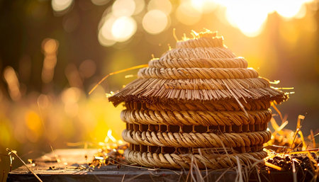 A traditional woven skep beehive rests in a tranquil garden, bathed in the warm, golden glow of a setting sun. The soft light and gentle bokeh create a peaceful, nostalgic scene, evoking concepts of natures harmony, sustainable living, and the sweet rewards of patient work.の素材