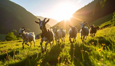 A herd of energetic goats joyfully runs down a lush green mountain pasture, bathed in the warm, golden light of a spectacular sunrise. This lively scene captures the spirit of freedom, nature, and rural life in the mountains.の素材