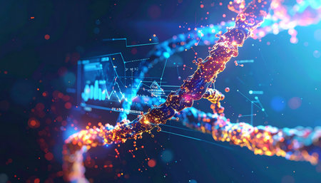A glowing, particle-based DNA helix represents a breakthrough in genetic research. In the background, complex data visualizations and graphs analyze the genetic code, symbolizing the intersection of biotechnology, big data, and the future of personalized medicine.の素材