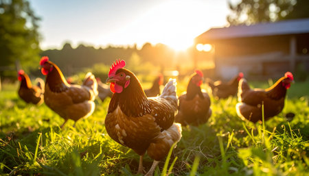 As the golden sun sets over the farm, a flock of free-range hens peacefully forages in the lush green pasture. This idyllic scene captures the essence of sustainable, organic farming and the simple beauty of rural life, highlighting a commitment to ethical and natural practices.の素材