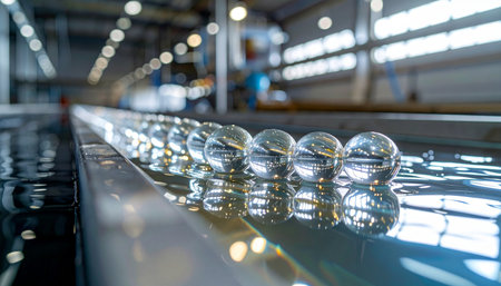 In a high-tech facility, a row of perfectly clear glass spheres glides along a liquid-cooled production line. The blurred background suggests a vast, automated process, symbolizing innovation, precision engineering, and the future of advanced manufacturing.の素材