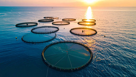 An aerial perspective captures the serene beauty of an offshore aquaculture farm as the sun sets, casting a golden glow across the ocean. The circular cages represent a modern approach to sustainable food production, blending technology with the natural rhythm of the sea.の素材