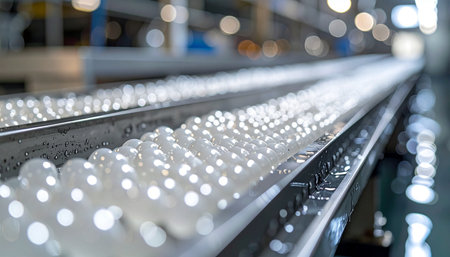 In a brightly lit, state-of-the-art factory, rows of newly assembled LED light bulbs glide along an automated conveyor belt. The shallow depth of field emphasizes the scale and precision of modern manufacturing, symbolizing innovation, efficiency, and the future of sustainable energy.の素材