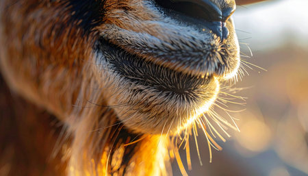 A detailed macro shot captures the quiet moment of a goat chewing in the warm, golden glow of sunset. The light illuminates every whisker and detail of its beard, creating a rustic and serene portrait of farm life.の素材